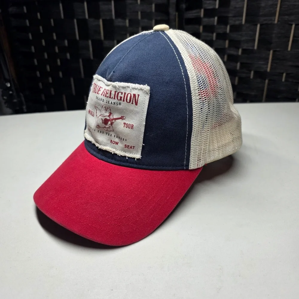 True Religion World Tour Mesh Trucker Hat Navy Red White Snapback OS